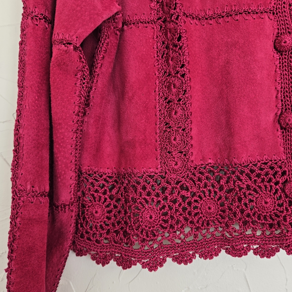 Vintage Suede Leather Crochet Rasberry Pink Jacket - Picture 7 of 12